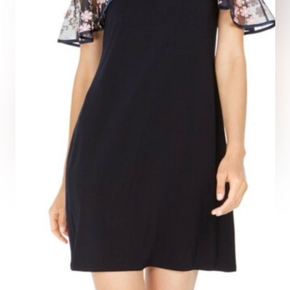 Prelude Navy Dress Floral Illusion Cold Shoulder 3-D Flowers Sz Small Formal View 6
